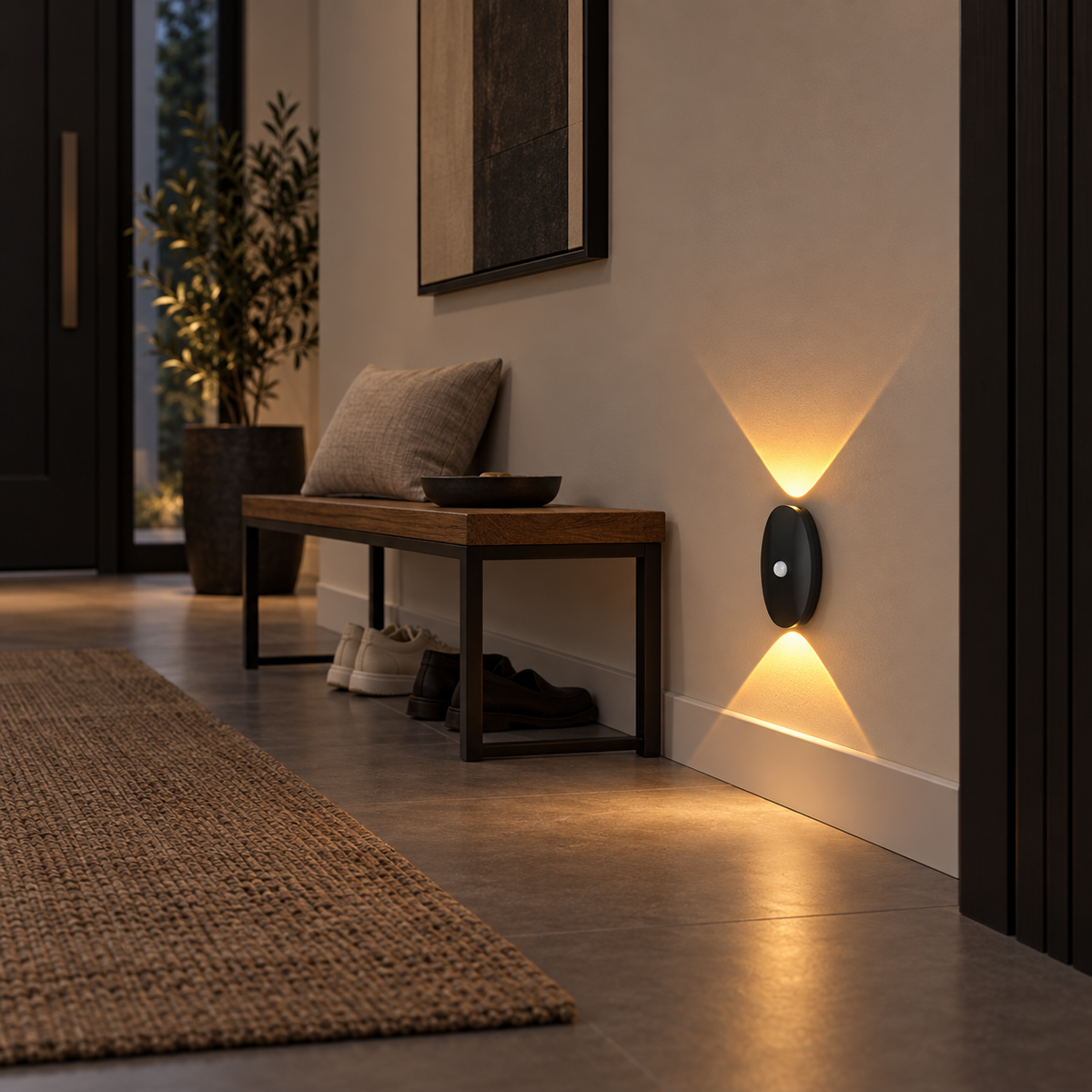 Black rechargeable motion sensor wall light illuminating an entry corridor