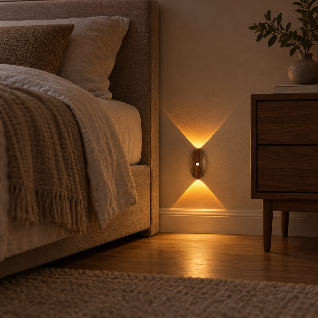 Dark wood motion sensor wall light providing bedside pathway lighting