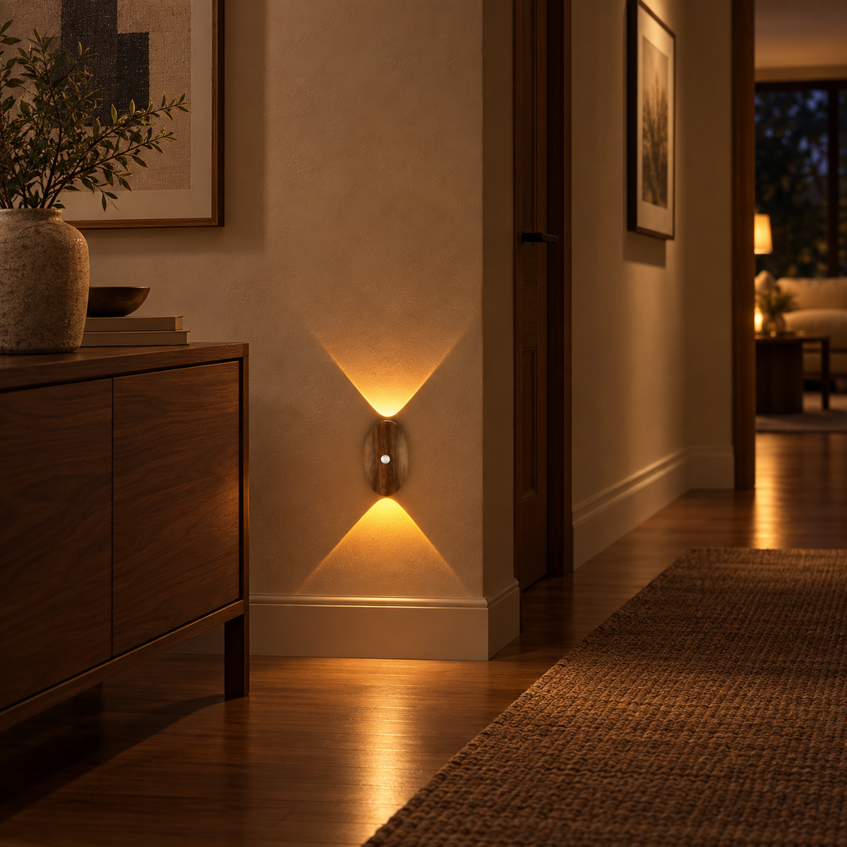 Dark wood rechargeable motion sensor wall light illuminating a hallway