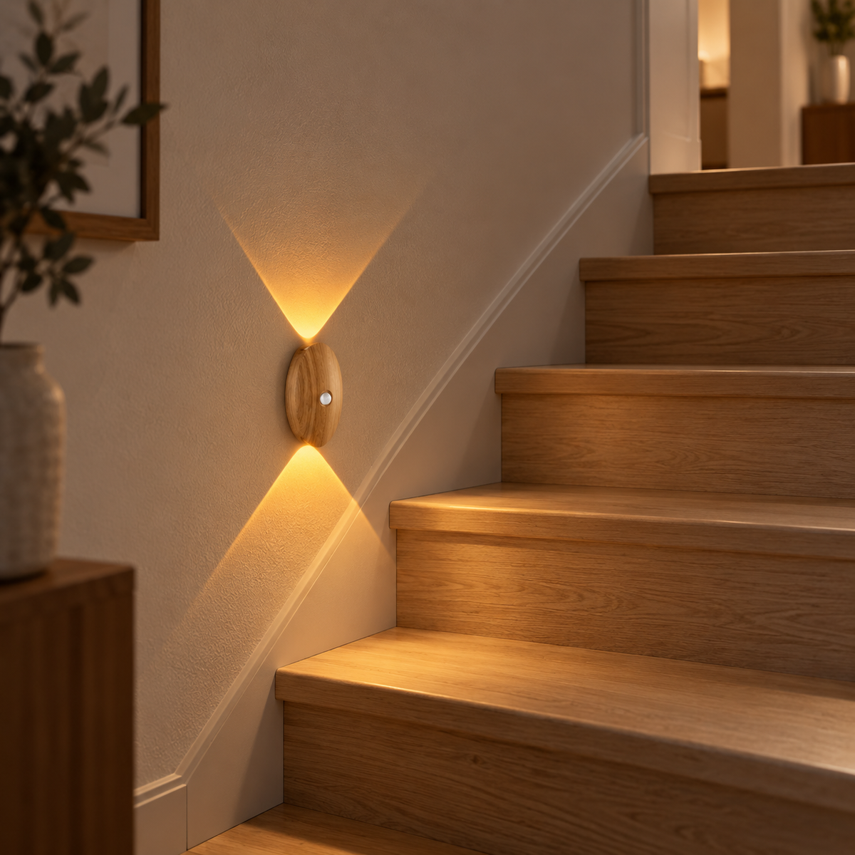 Light wood rechargeable motion sensor stair light illuminating a modern staircase