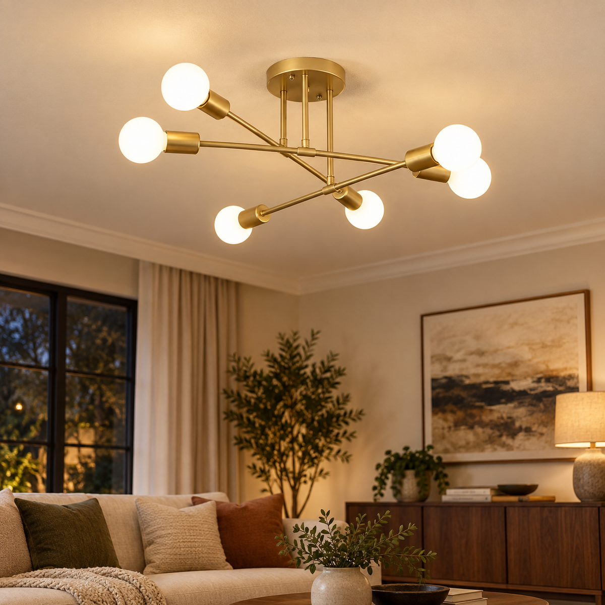 Model A gold Nordic ceiling lamp installed in a warm modern living room