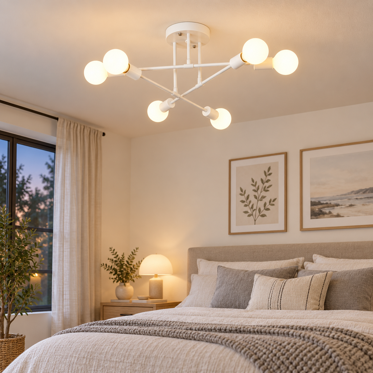 Model B white Nordic ceiling lamp installed in a Scandinavian bedroom
