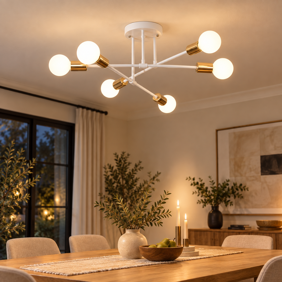 Model C white and gold Nordic ceiling lamp installed above a modern dining table