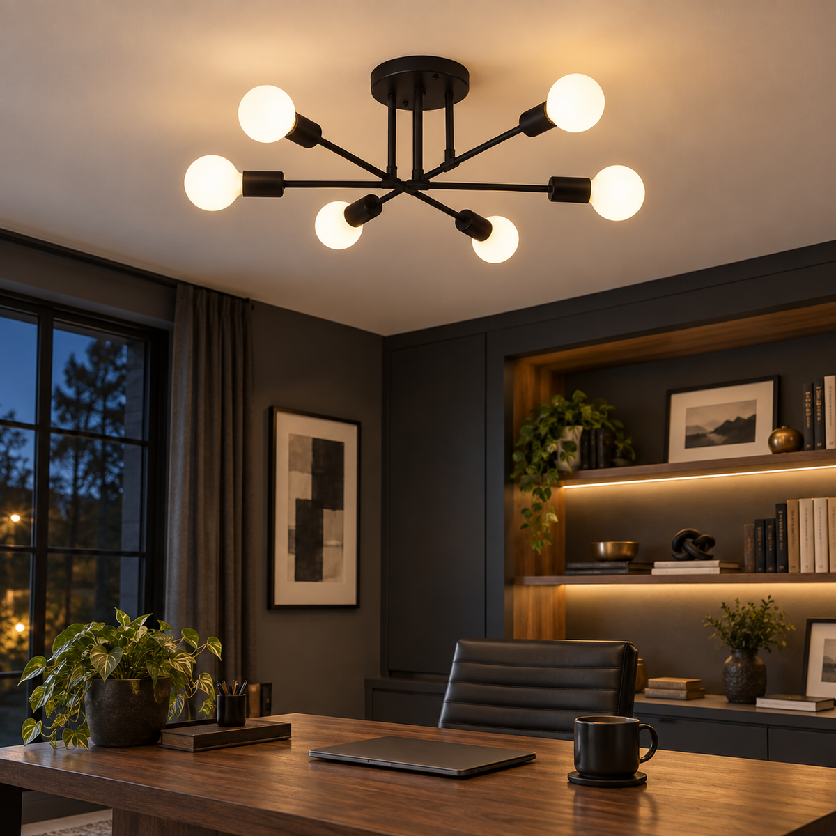 Model D black Nordic ceiling lamp installed in a contemporary home office