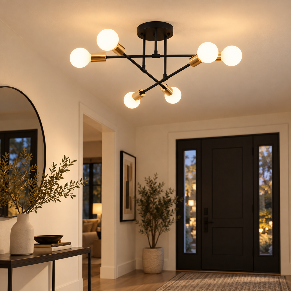 Model E black and gold Nordic ceiling lamp installed in a modern entryway