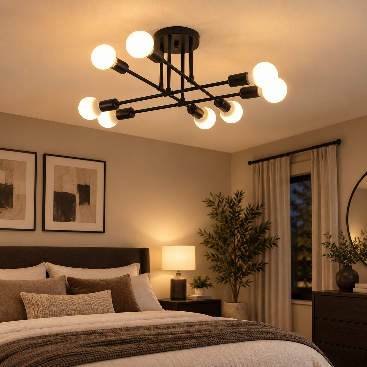 Model F black Nordic ceiling lamp installed in an upscale bedroom