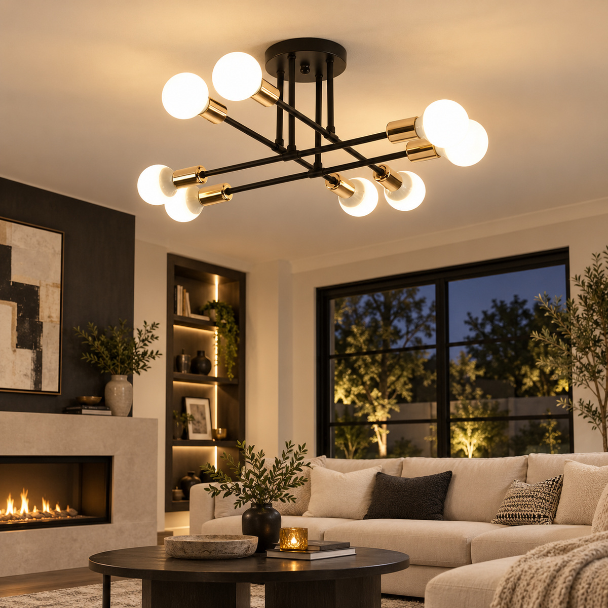 Model G black and gold Nordic ceiling lamp installed in a contemporary living room