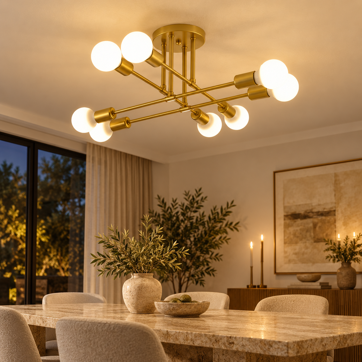 Model H gold Nordic ceiling lamp installed above an elegant dining table