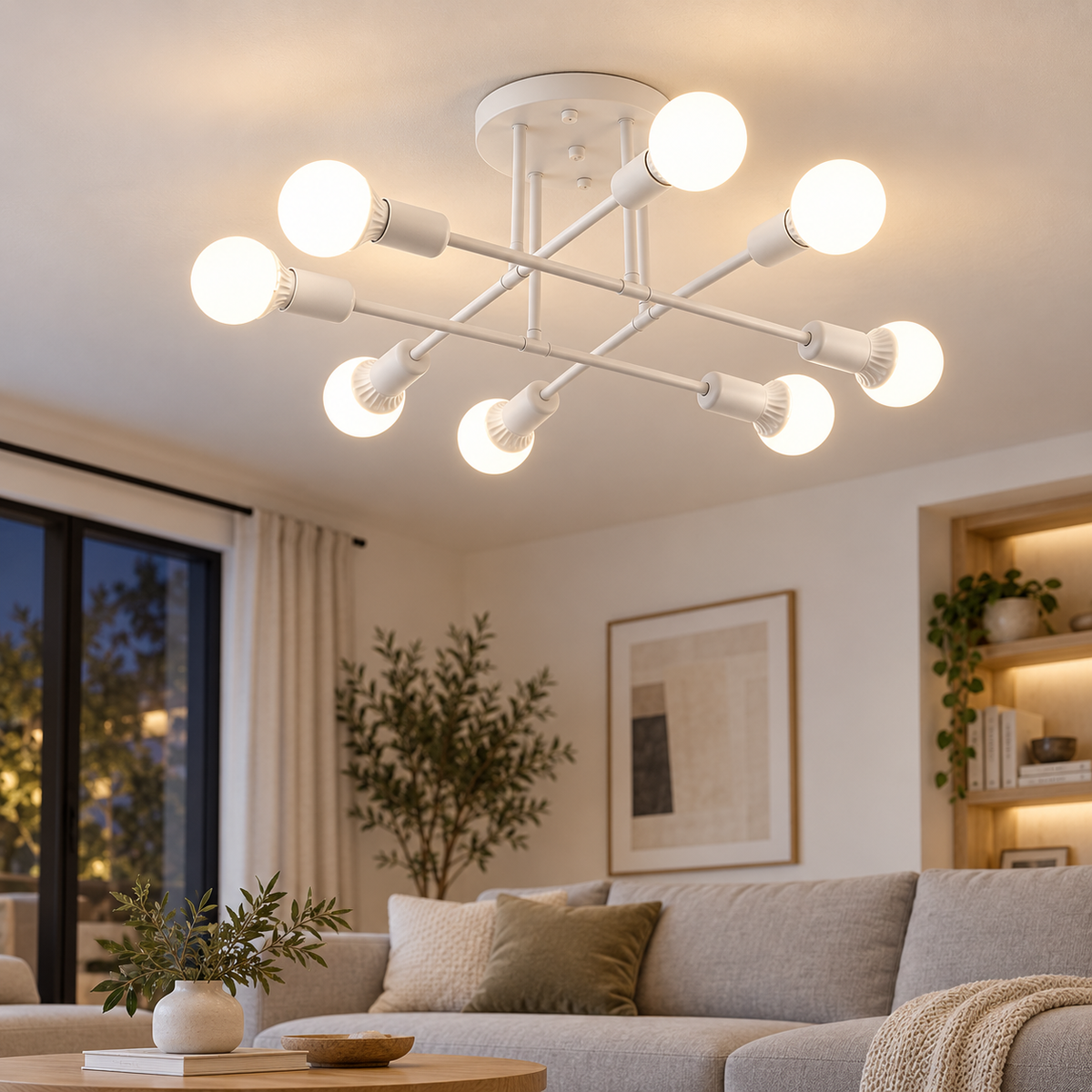 Model I white Nordic ceiling lamp installed in an airy minimalist living room