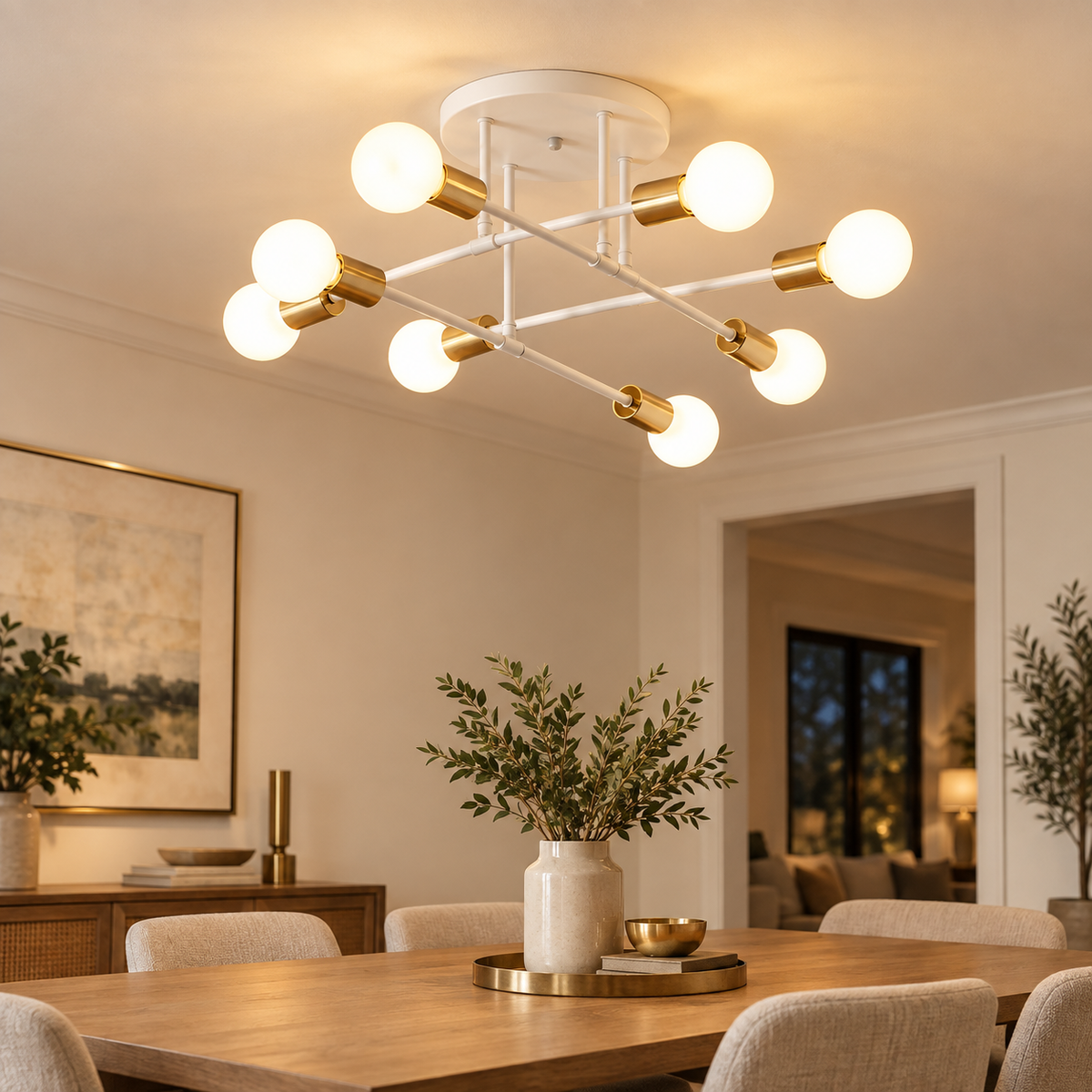 Model J white and gold Nordic ceiling lamp installed above a refined dining table