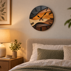 Nordic silent round fiberboard wall clock above a calm neutral bed