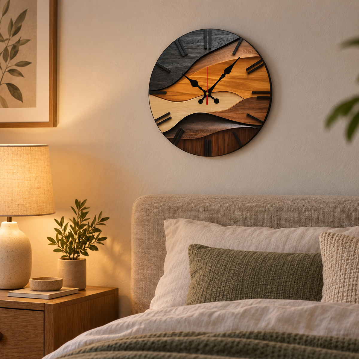 Nordic silent round fiberboard wall clock above a calm neutral bed