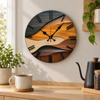 Nordic silent round fiberboard wall clock in a bright kitchen coffee area