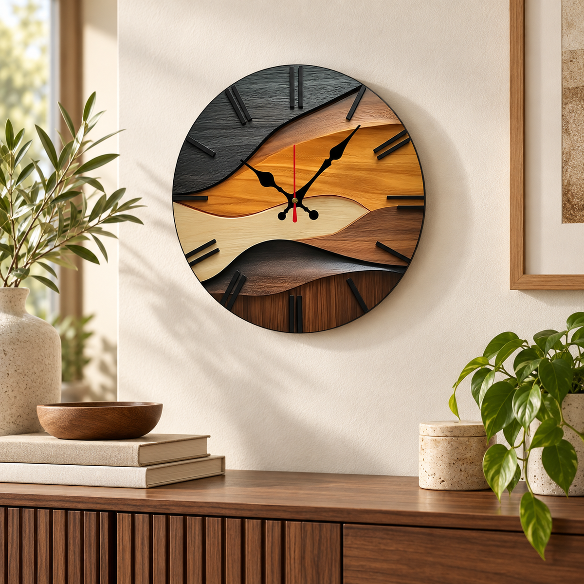 Nordic silent round fiberboard wall clock above a walnut living room console