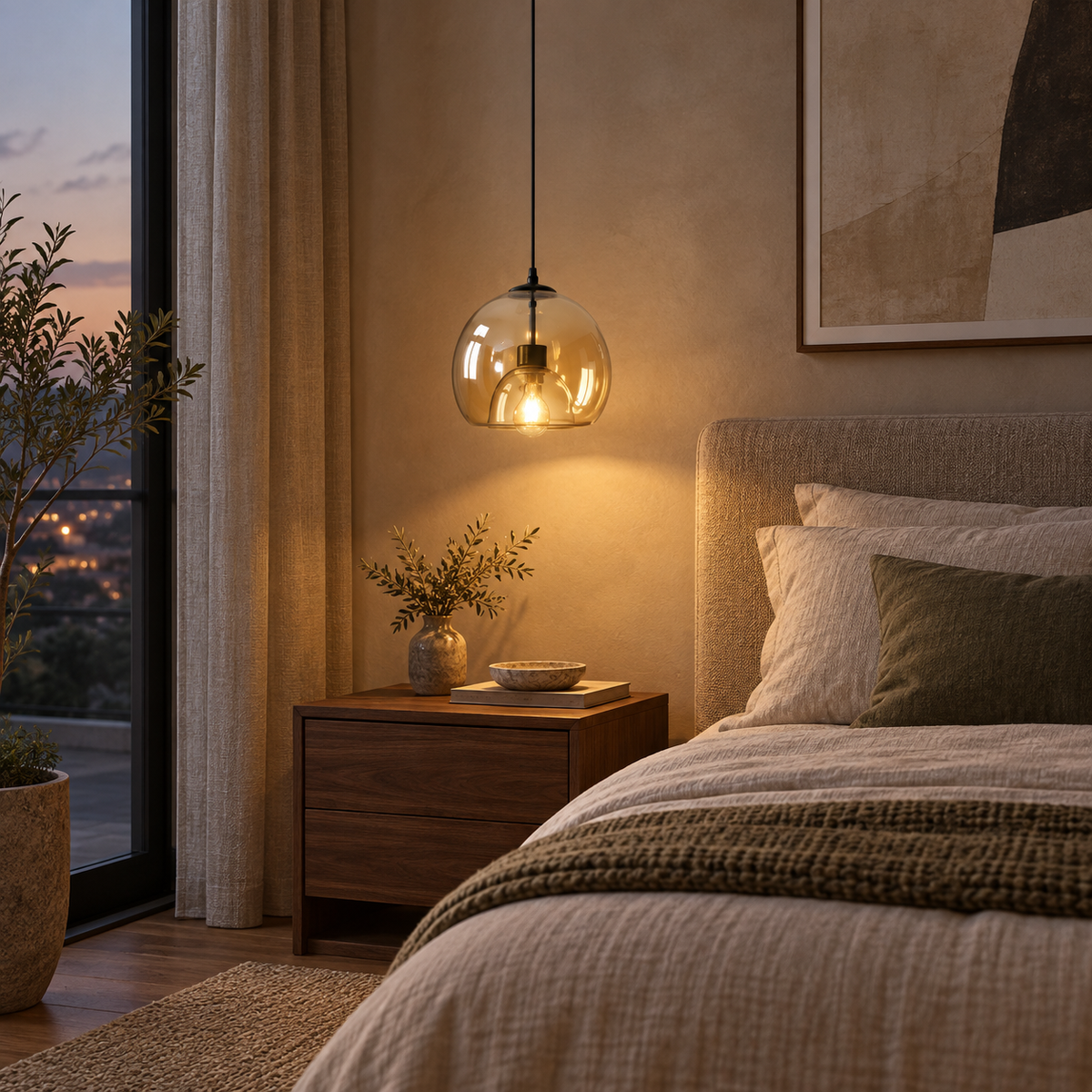 Amber double-glass pendant light used beside a contemporary bed