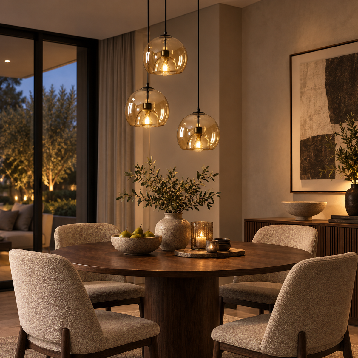 Amber double-glass pendant lights above an intimate dining table