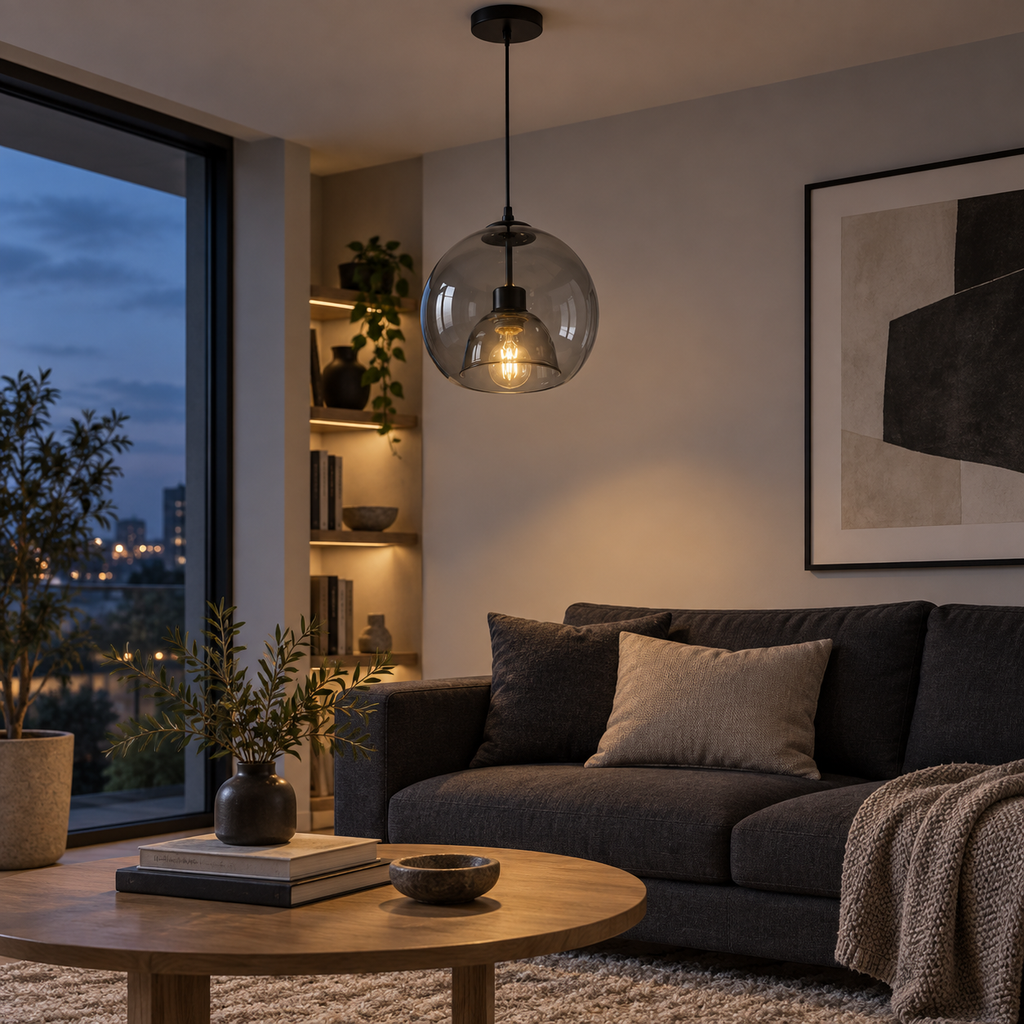Smoke gray double-glass pendant light in a modern living room