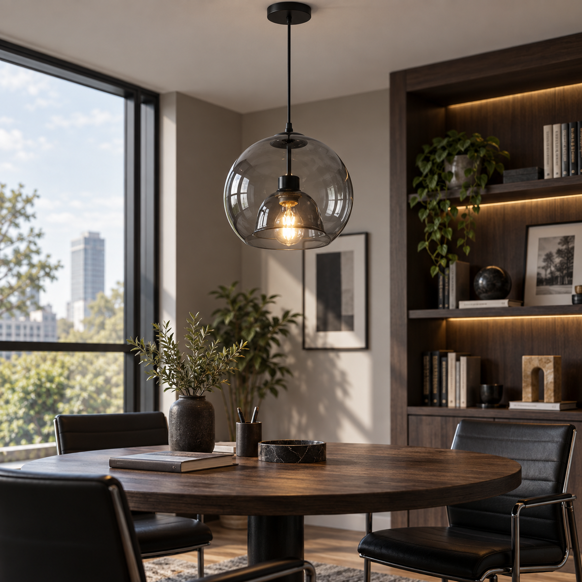 Smoke gray double-glass pendant light in a sophisticated home office