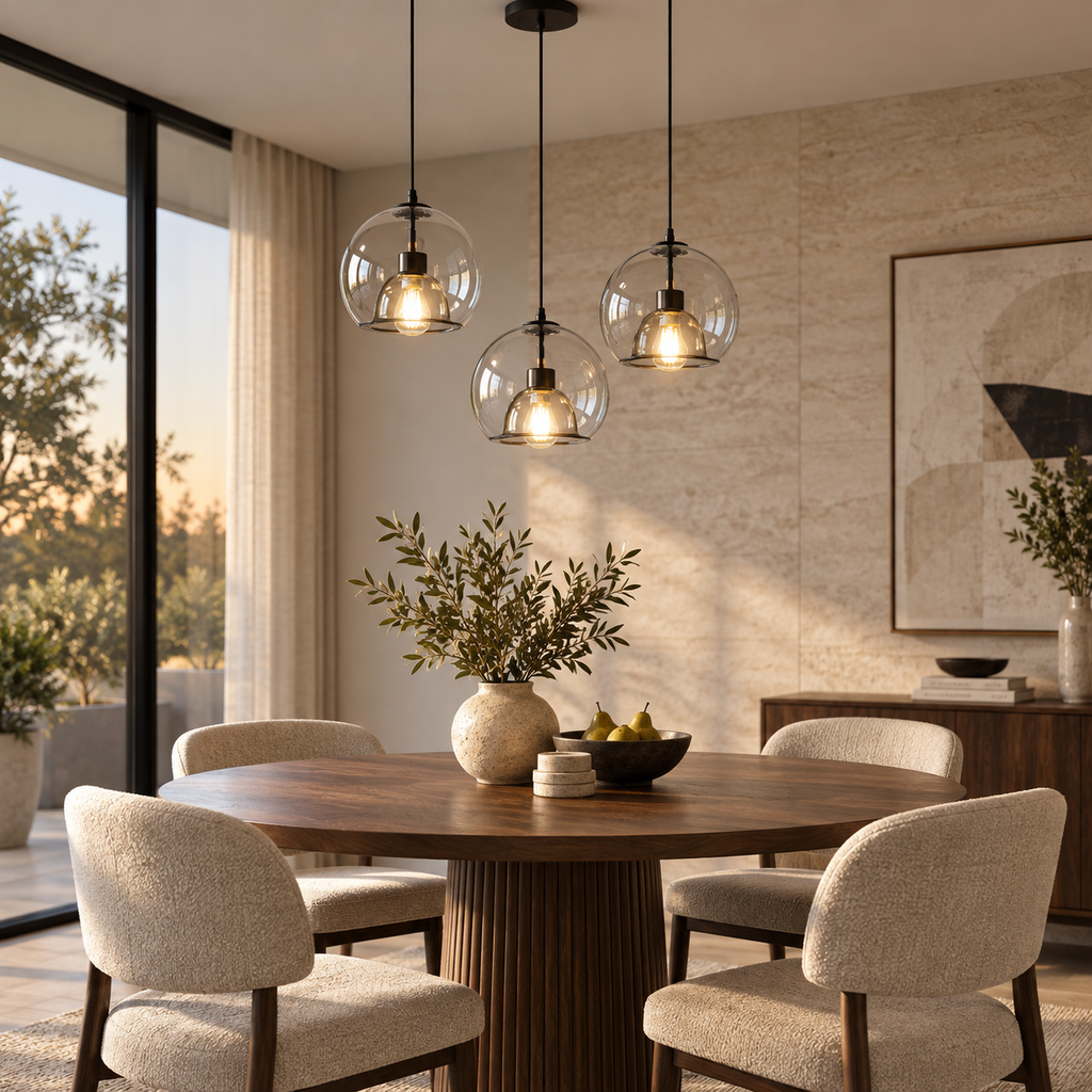 Transparent double-glass pendant lights above a modern round dining table