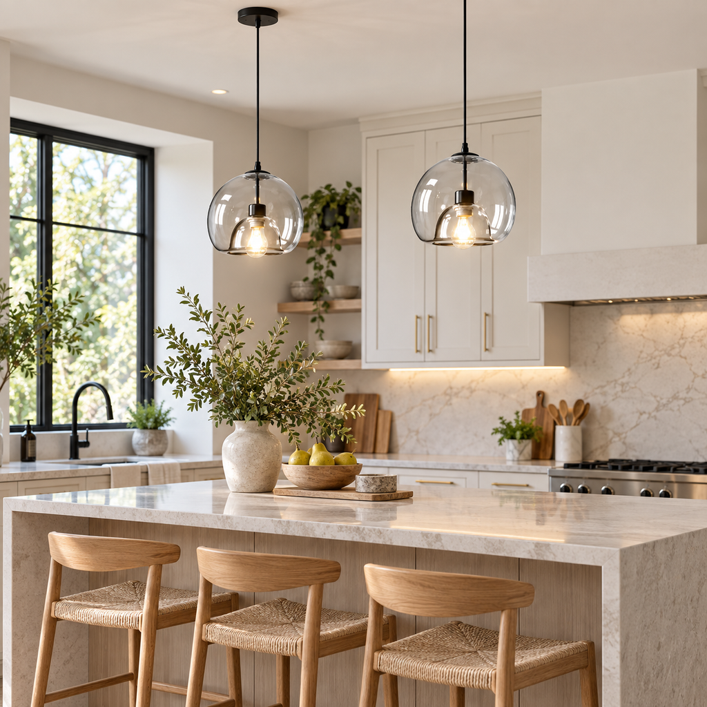 Transparent double-glass pendant lights above a bright kitchen island