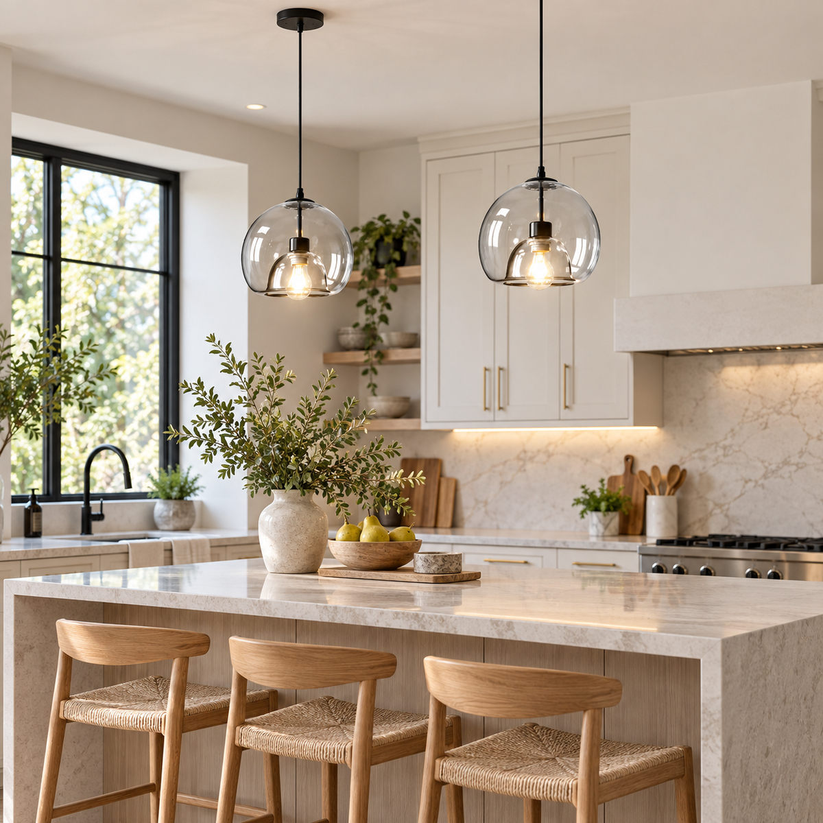 Transparent double-glass pendant lights above a bright kitchen island