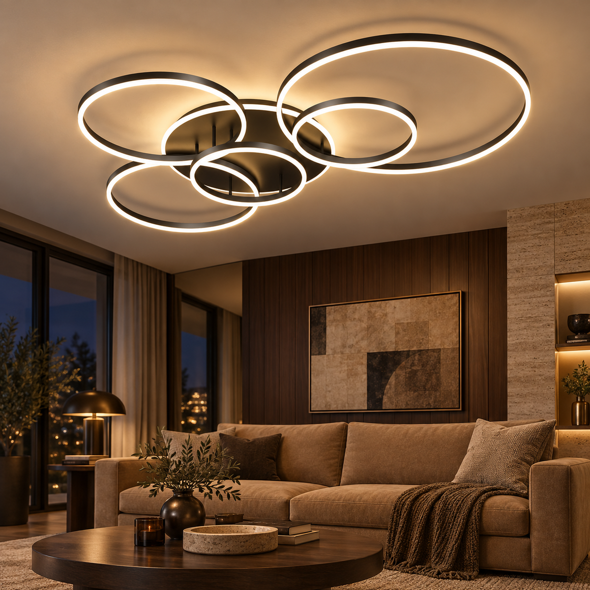 Black 5-head LED ring chandelier over a luxury living room sofa