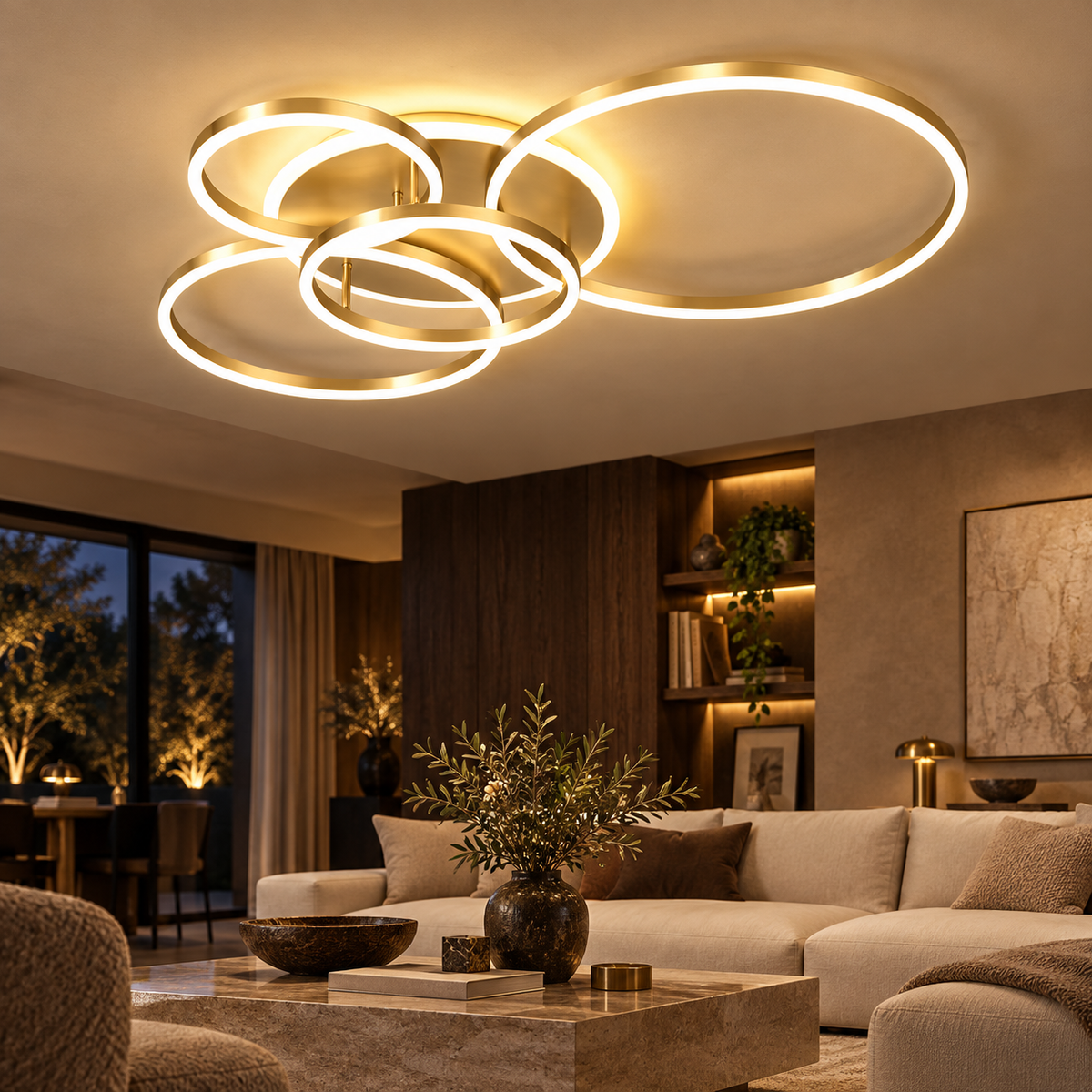Gold 4-head LED ring chandelier in a deluxe evening living room
