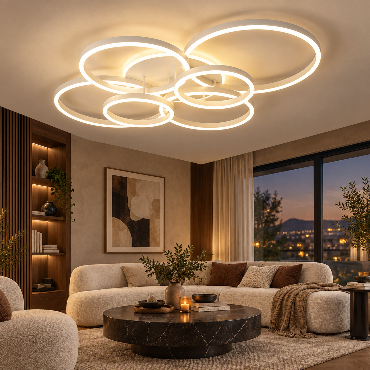 White 6-head LED ring chandelier in a warm deluxe living room