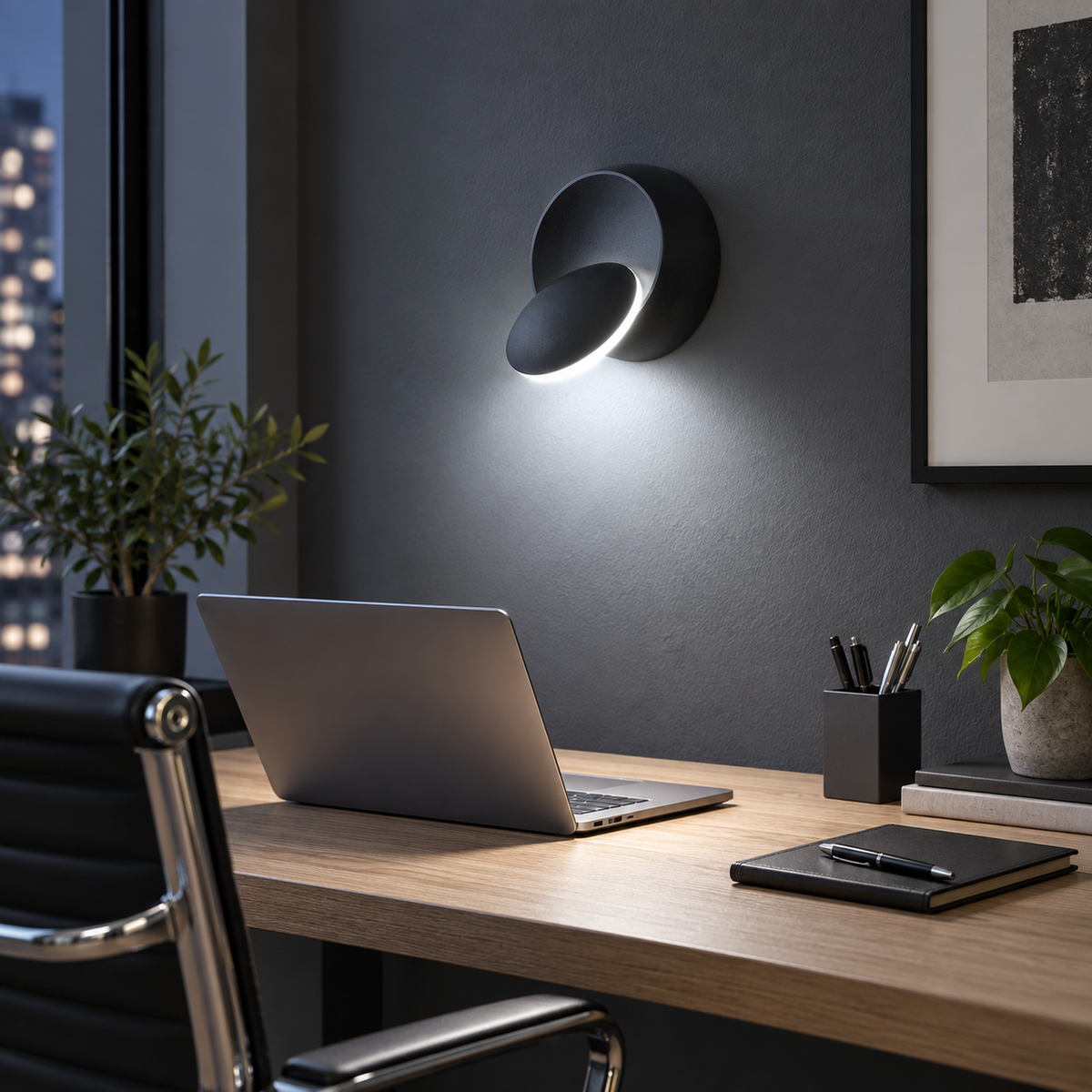 Black 350-degree rotatable LED wall sconce with cool light above a home-office desk