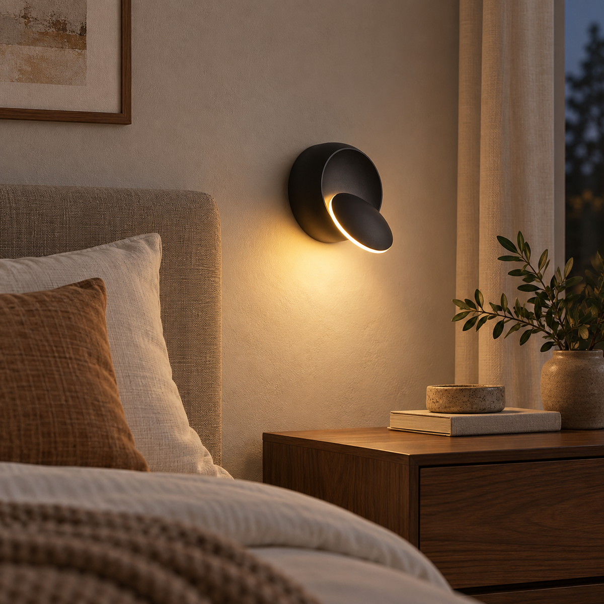 Black 350-degree rotatable LED wall sconce with warm light beside a bed