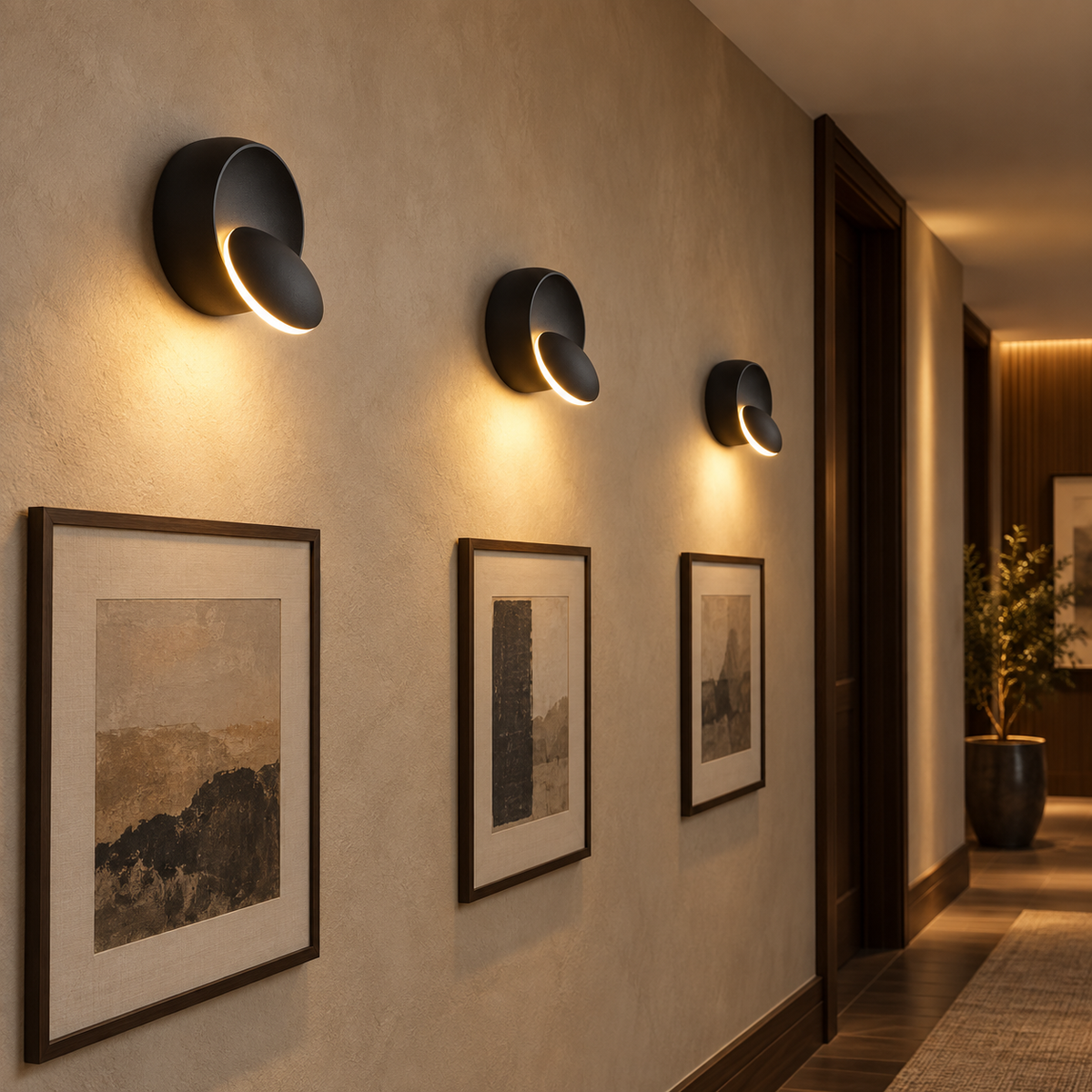 Three black rotatable LED wall sconces illuminating a contemporary corridor