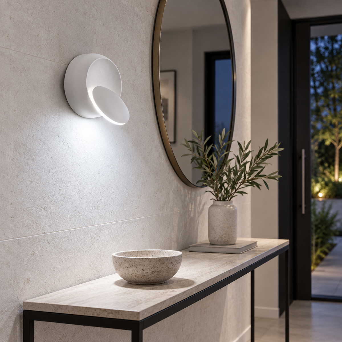 White 350-degree rotatable LED wall sconce with cool light in a modern entryway
