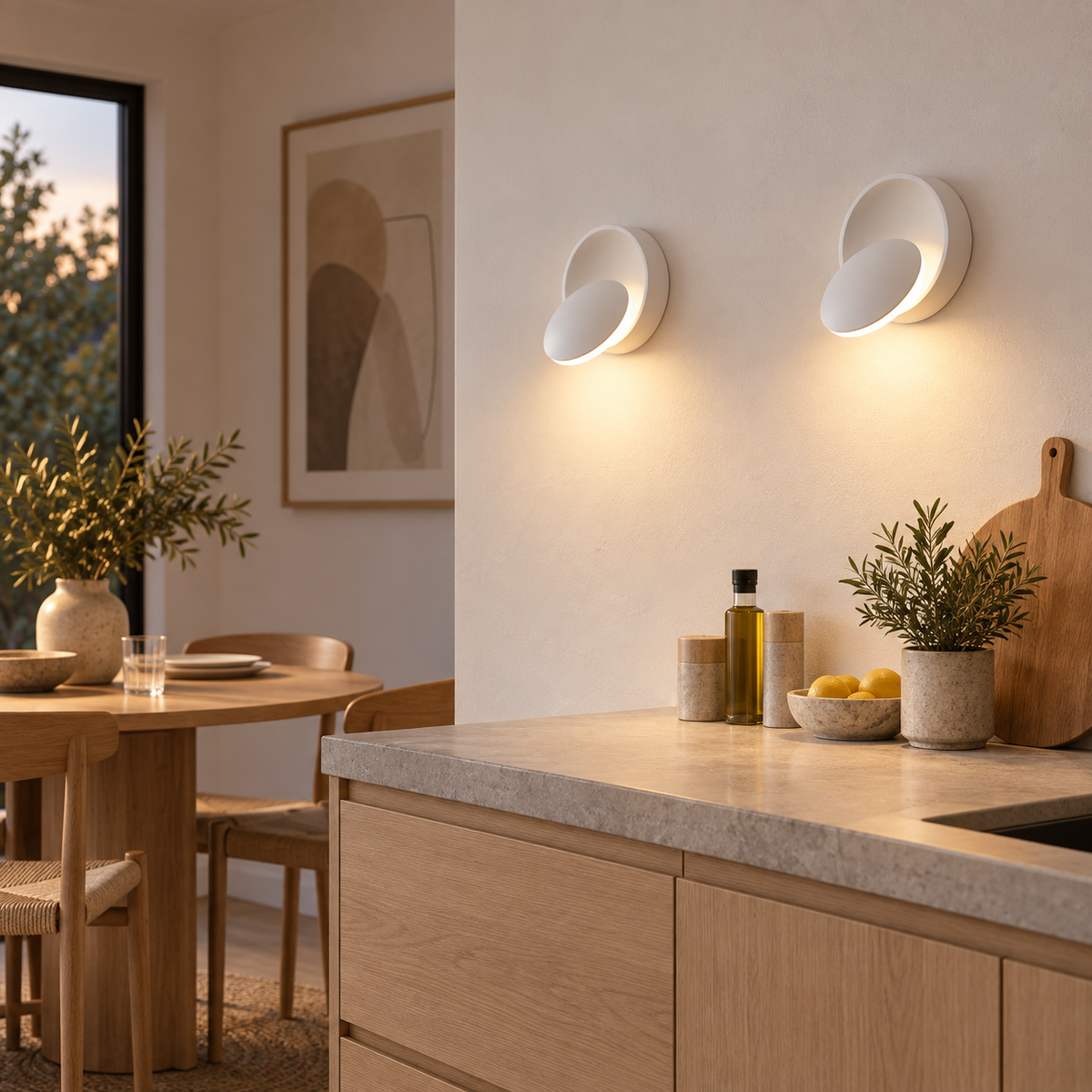 Two white rotatable LED wall sconces illuminating a kitchen and dining area