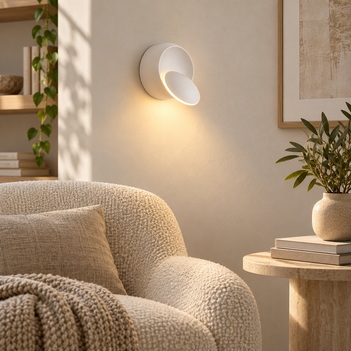 White 350-degree rotatable LED wall sconce with warm light in a reading nook