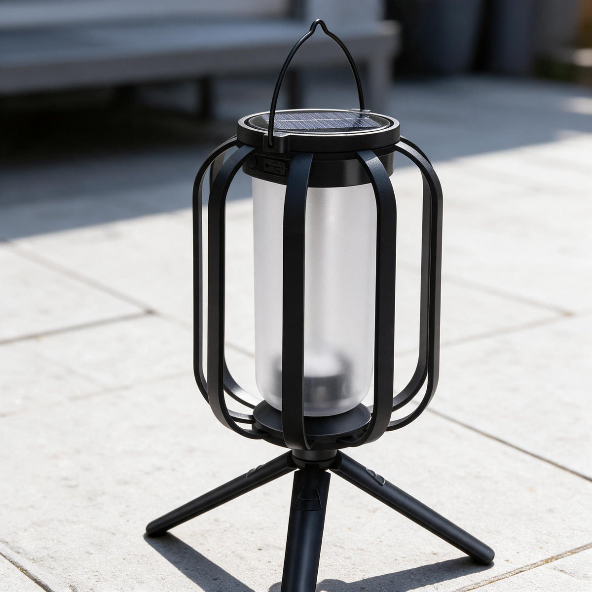 Lantern's solar panel and USB charging port shown in close-up.