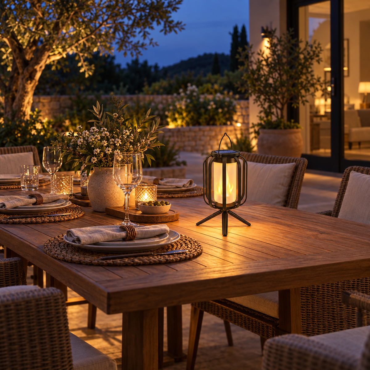 One solar hanging outdoor lantern on a patio dining table