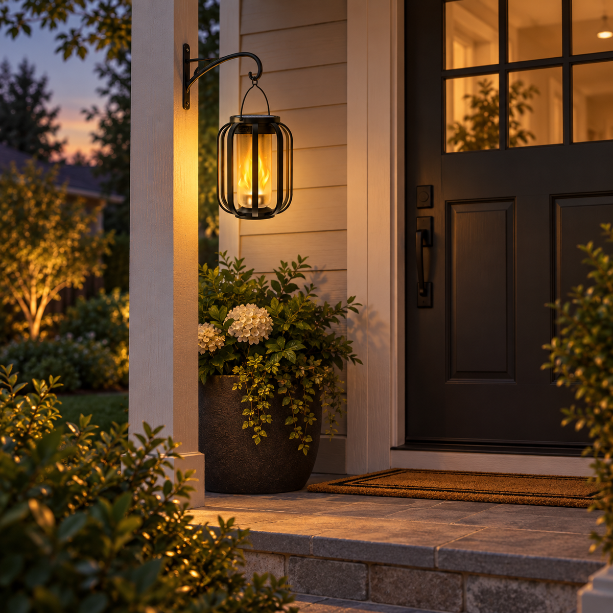 One solar outdoor lantern hanging beside a front porch