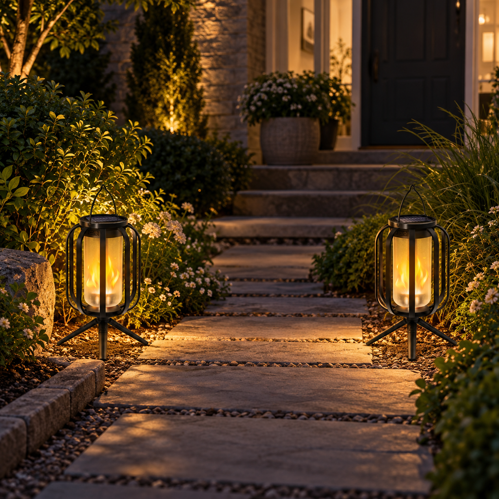 Two solar outdoor lanterns lighting a landscaped garden path