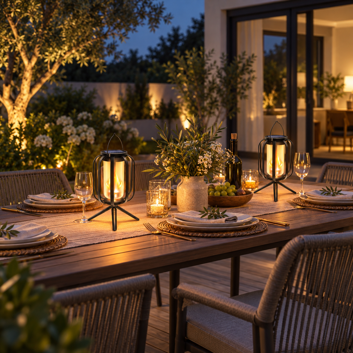 Two solar outdoor lanterns illuminating a patio dining table