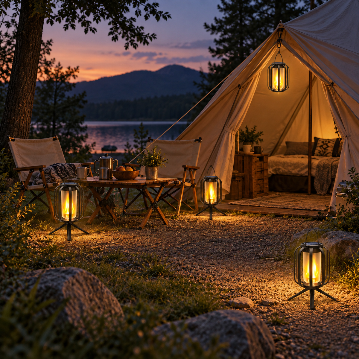 Four solar outdoor lanterns illuminating a lakeside campsite