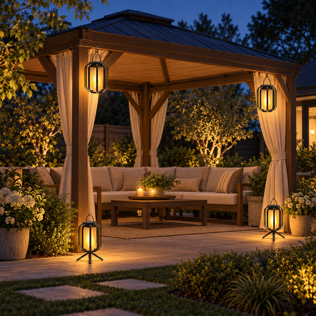 Four solar outdoor lanterns arranged around a backyard gazebo