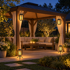 Four solar outdoor lanterns arranged around a backyard gazebo