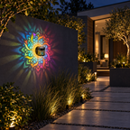 Colorful solar mandala fence lamp illuminating a modern courtyard path