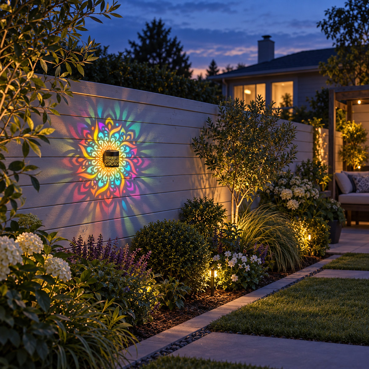 Colorful solar mandala fence lamp illuminating a landscaped backyard