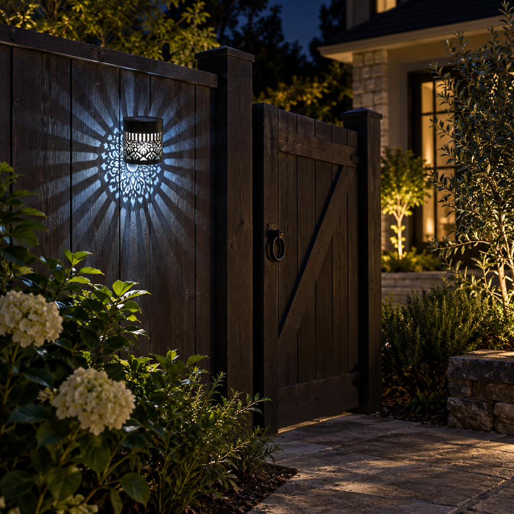 Snowman cool white solar mandala fence lamp beside a garden gate