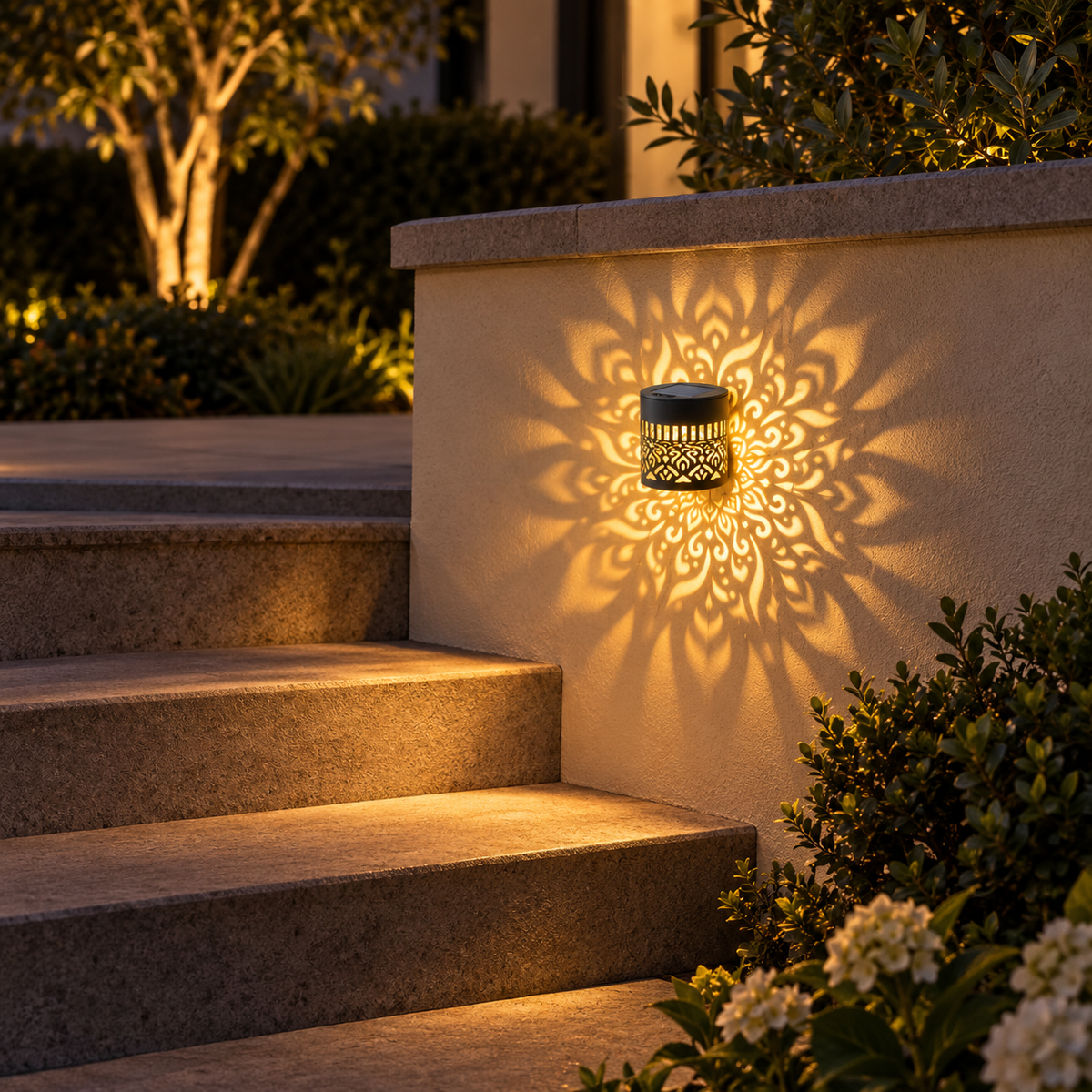 Warm amber solar mandala fence lamp lighting landscaped garden steps