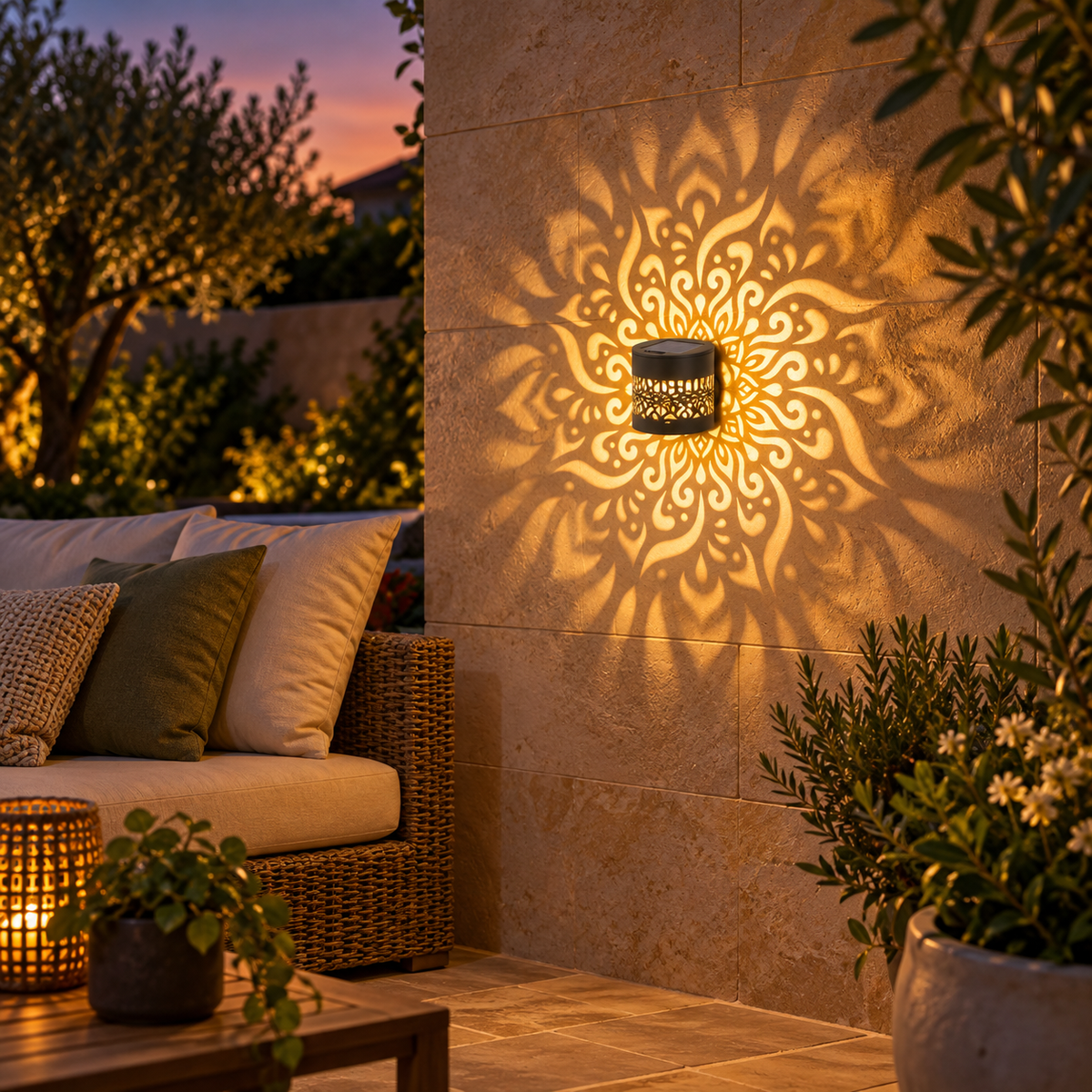 Warm amber solar mandala fence lamp illuminating an outdoor patio