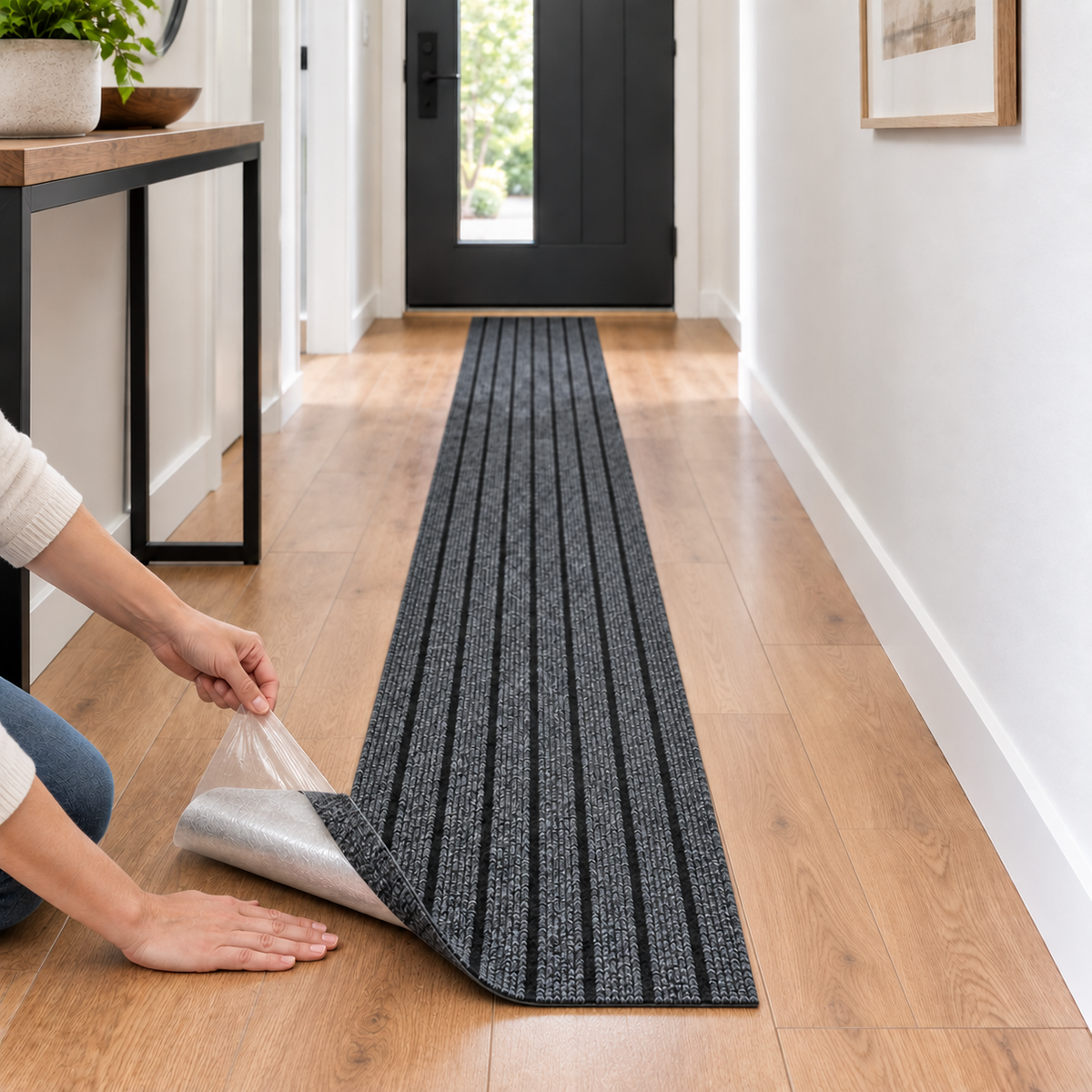 Black and gray striped floor runner with protective adhesive film being peeled during installation