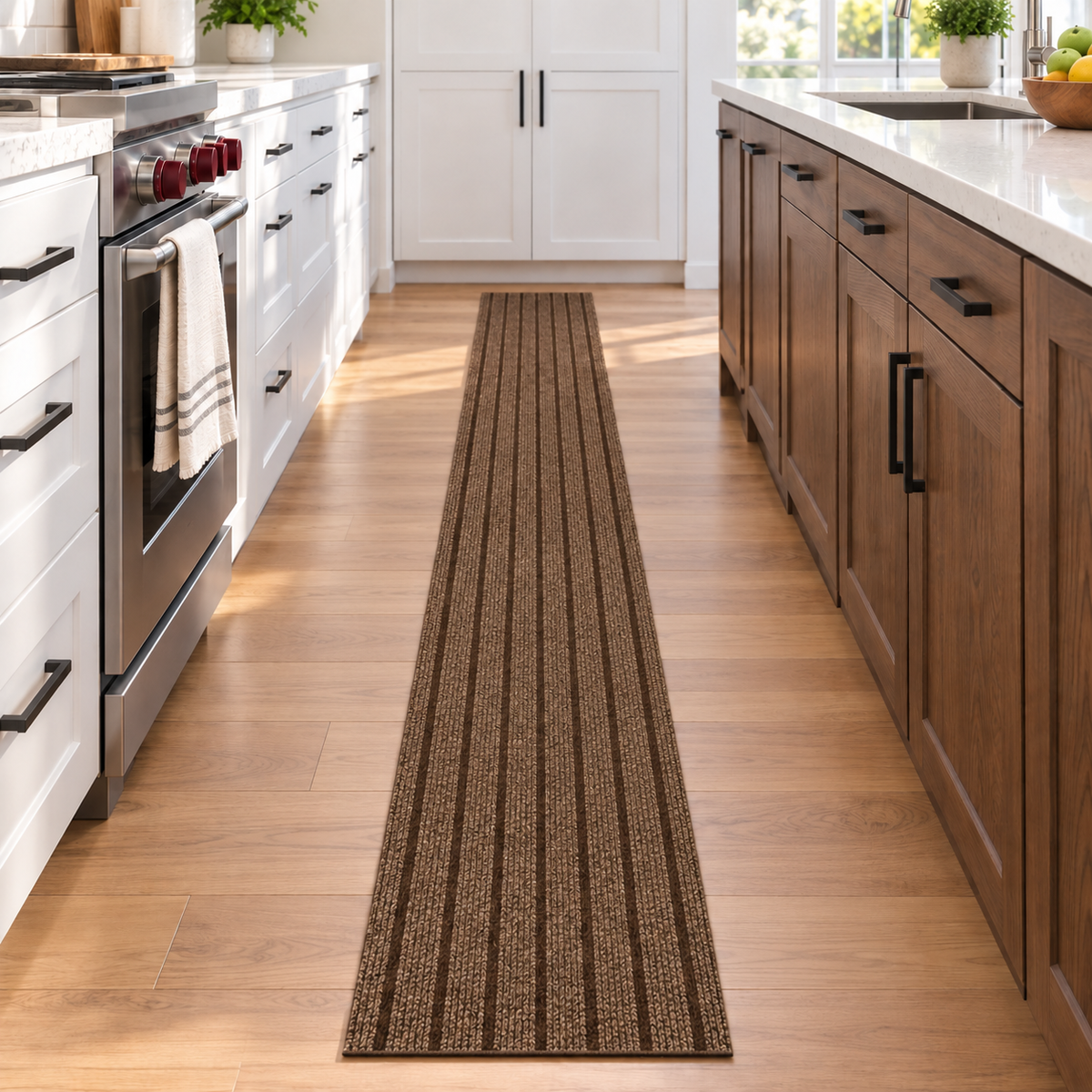 Coffee striped self-adhesive floor runner installed in a modern kitchen aisle