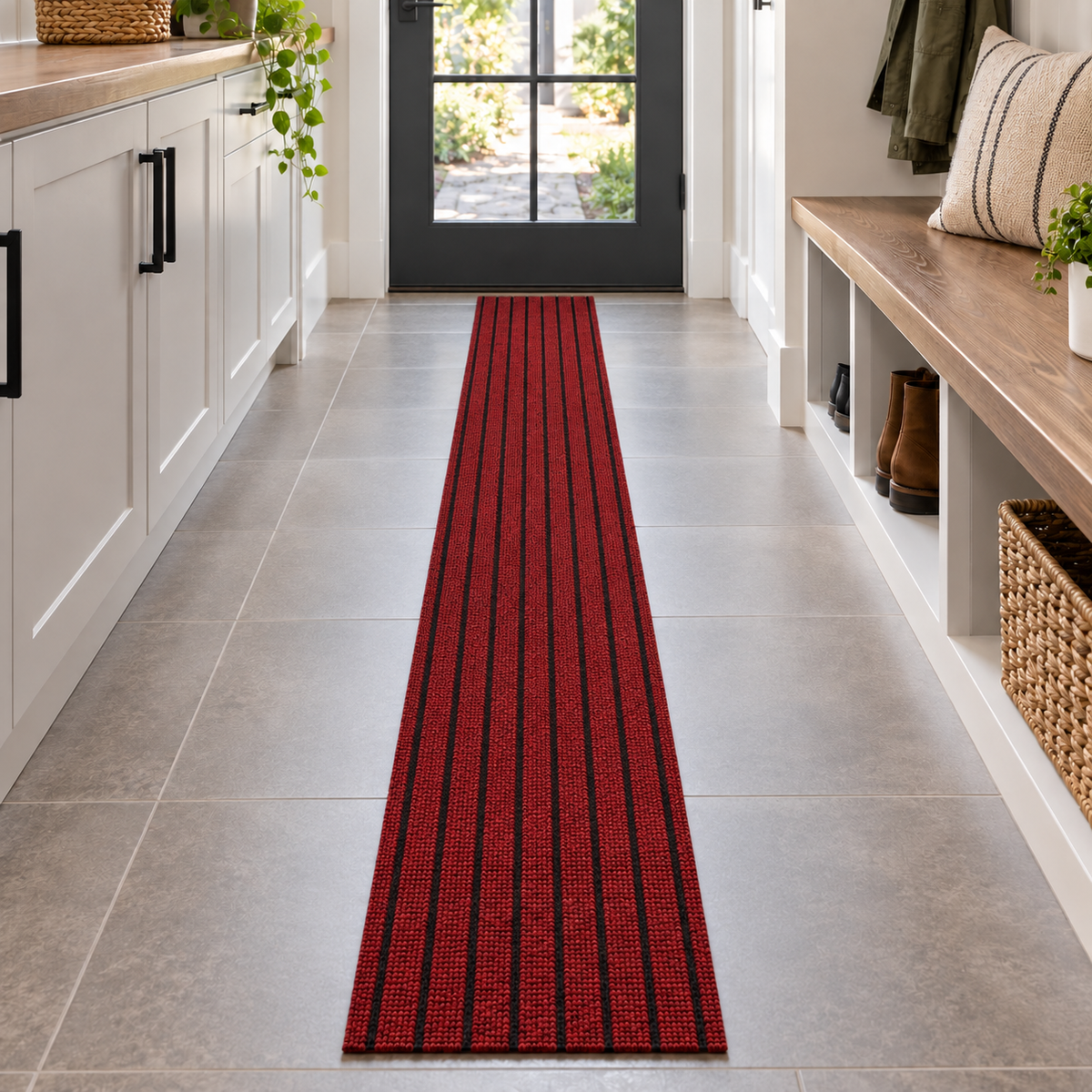 Black and red striped self-adhesive floor runner in a modern mudroom